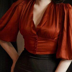 Riohas Balloon Sleeves Satin Crop Blouse | Brick Red | L/XL